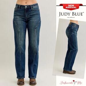 Judy Blue High Rise Waist Seam Details Stretch Dark Wash Straight Denim Jeans